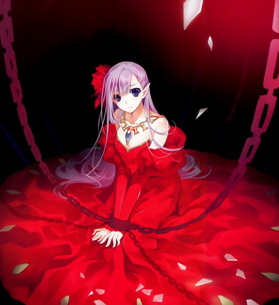 Anime picture 2143x2346 with original riv single long hair tall image highres purple eyes bare shoulders purple hair elf girl dress hair ornament choker chain jewelry necklace red dress debris handcuffs
