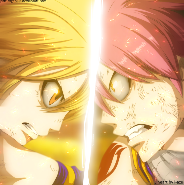 Anime picture 1244x1250 with fairy tail lucy heartfilia natsu dragneel pixelzxgenius tall image short hair blonde hair yellow eyes pink hair profile tattoo sleeveless grin close-up face multiview angry manga girl boy