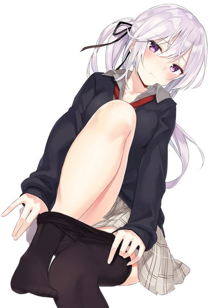 Anime picture 1000x1412 with original azuuru single long hair tall image looking at viewer blush fringe light erotic simple background hair between eyes white background sitting purple eyes silver hair bent knee (knees) ponytail head tilt no shoes plaid skirt