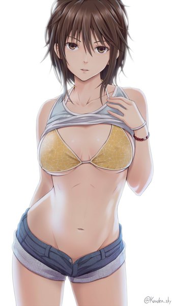 Anime picture 539x950 with original kanden sky single tall image looking at viewer fringe short hair light erotic simple background brown hair standing white background brown eyes signed midriff erect nipples twitter username shiny skin covered nipples arm behind back