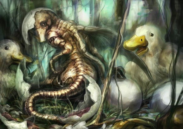 Аниме картинка 1448x1024 с оригинальное изображение sakaiyuuki (artist) хвост horror растение (растения) животное дерево (деревья) птица (птицы) чудовище яйцо утка яичная скорлупа