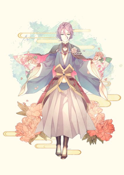 Anime picture 1759x2480 with touken ranbu nitroplus kasen kanesada snovee (ameri) single tall image looking at viewer fringe highres short hair blue eyes smile holding purple hair full body traditional clothes japanese clothes wide sleeves wavy hair spread arms
