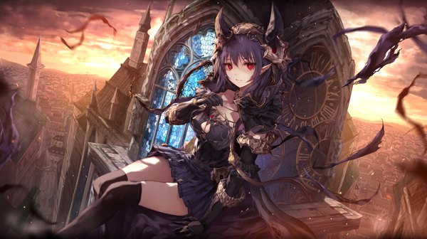 Anime picture 1650x924 with original jname single looking at viewer fringe short hair hair between eyes red eyes wide image sitting cleavage purple hair outdoors horn (horns) light smile pointy ears city evening sunset cleavage cutout