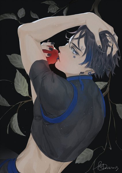 Anime picture 1157x1636 with original sua lucid single tall image looking at viewer short hair black hair upper body nail polish profile tattoo hand on head silver eyes black nail polish boy plant (plants) leaf (leaves) fruit apple bitten apple