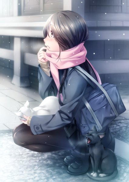 Anime picture 708x1000 with original rezi single long hair tall image blush open mouth black hair sitting brown eyes looking away full body profile pleated skirt snowing snow squat exhalation yawn girl