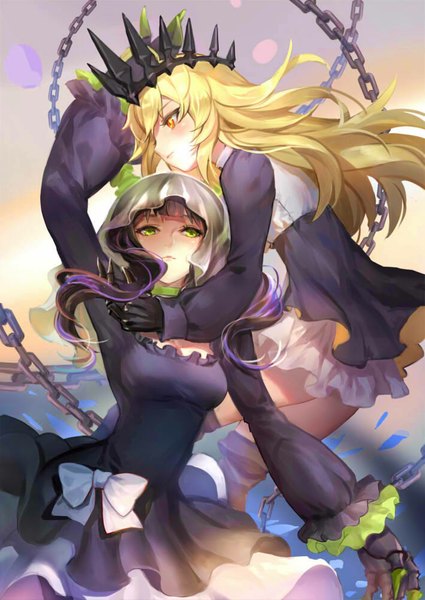 Anime picture 709x1000 with black rock shooter dead master chariot (black rock shooter) j.lili long hair tall image blush fringe breasts blonde hair multiple girls green eyes looking away multicolored hair wide sleeves two-tone hair orange eyes wavy hair looking up girl