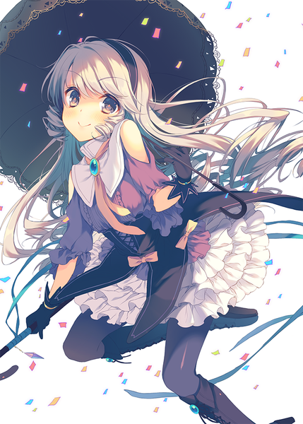 Anime picture 715x1000 with oh dorobo! tagme (character) reia single long hair tall image blush fringe blonde hair smile bare shoulders holding brown eyes bent knee (knees) official art drill hair jumping girl gloves ribbon (ribbons)
