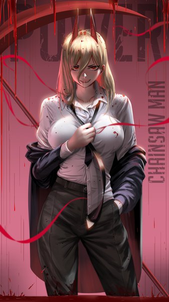 Anime picture 2250x4000 with chainsaw man mappa power (chainsaw man) liang xing single long hair tall image looking at viewer fringe highres breasts blonde hair smile hair between eyes red eyes large breasts standing long sleeves horn (horns) teeth
