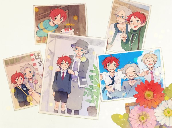 Anime picture 934x694 with tsuritama a-1 pictures haru (tsuritama) sanada yuki sanada keito 21grams short hair open mouth blue eyes blonde hair smile green eyes sky silver hair cloud (clouds) ahoge red hair multiple boys victory spread arms