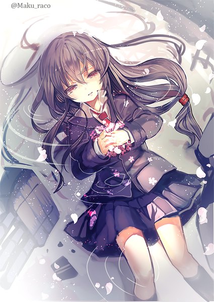 Anime picture 710x1002 with kantai collection hatsushimo destroyer cis (carcharias) single long hair tall image fringe black hair holding pleated skirt pink eyes watermark girl skirt flower (flowers) shirt petals socks necktie jacket