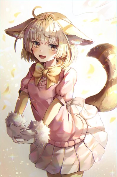 Anime picture 3318x5016 with kemono friends fennec (kemono friends) mirage (rairudiseu) single tall image blush highres short hair open mouth blonde hair animal ears absurdres ahoge tail :d animal tail pleated skirt puffy sleeves fur trim interlocked fingers