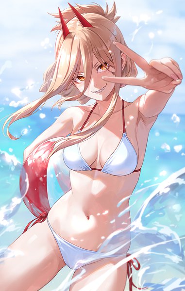Anime picture 897x1414 with chainsaw man mappa power (chainsaw man) guchico single long hair tall image looking at viewer blush fringe breasts light erotic blonde hair smile hair between eyes standing yellow eyes sky cleavage outdoors