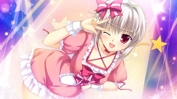 Anime picture 1024x576 with himegoto masquerade mikeou blush short hair open mouth red eyes wide image game cg white hair one eye closed wink girl dress bow hair bow