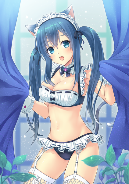 Anime picture 1000x1417 with original daidai jamu single long hair tall image looking at viewer blush breasts open mouth blue eyes light erotic twintails animal ears blue hair tail animal tail cat ears cat girl cat tail underwear only