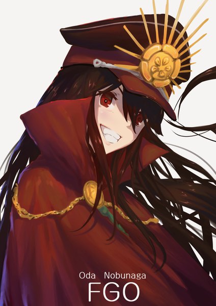 Anime picture 1000x1414 with fate (series) fate/grand order koha-ace oda nobunaga (fate) (all) oda nobunaga (fate) hakui (b600723) single long hair tall image looking at viewer fringe black hair simple background smile hair between eyes red eyes white background upper body head tilt wind