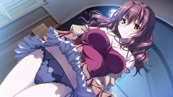 Anime picture 1280x720 with shiawase kazokubu purple software furuike ougi tsukimori hiro long hair blush light erotic red eyes brown hair wide image game cg skirt lift girl underwear panties