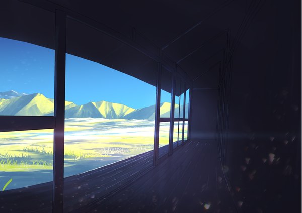 Anime-Bild 1920x1358 mit original arukiru highres sky lens flare horizon mountain no people scenic field plant (plants) grass veranda