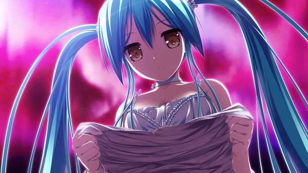 Anime picture 2560x1440 with gensou no idea kokoro (gensou no idea) makita maki single long hair highres wide image twintails bare shoulders brown eyes game cg aqua hair looking down crying purple background girl dress hair ornament white dress