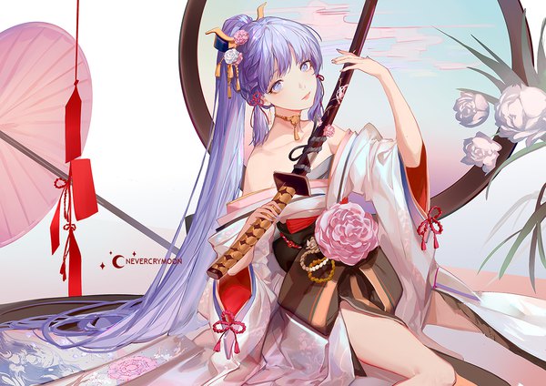 Anime picture 1200x848 with genshin impact kamisato ayaka nevercrymoon single looking at viewer holding signed silver hair ponytail very long hair traditional clothes head tilt japanese clothes off shoulder silver eyes sheathed girl hair ornament flower (flowers) weapon