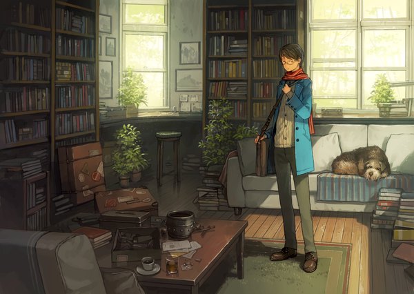 Anime-Bild 1600x1138 mit original yoshida seiji single short hair black hair standing full body indoors sunlight boy plant (plants) animal glasses shoes window scarf pillow book (books) pants bag