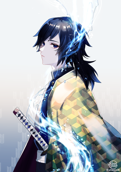 Anime picture 707x1000 with kimetsu no yaiba ufotable tomioka giyuu umeno shii single long hair tall image looking at viewer blue eyes black hair simple background signed upper body traditional clothes japanese clothes twitter username low ponytail boy weapon sword