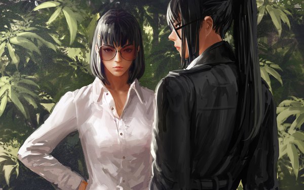 Anime picture 4096x2560 with original guweiz single long hair looking at viewer fringe highres short hair black hair standing payot absurdres upper body ponytail long sleeves profile lips from behind black eyes realistic
