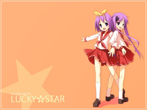Anime picture 1280x960 with lucky star kyoto animation hiiragi kagami hiiragi tsukasa twins orange background girl