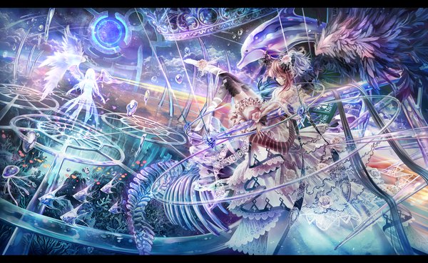 Anime picture 1700x1044 with original torino aqua long hair looking at viewer wide image pink hair white hair ponytail pink eyes multicolored hair pointy ears two-tone hair no shoes letterboxed flying fantasy girl thighhighs dress hair ornament
