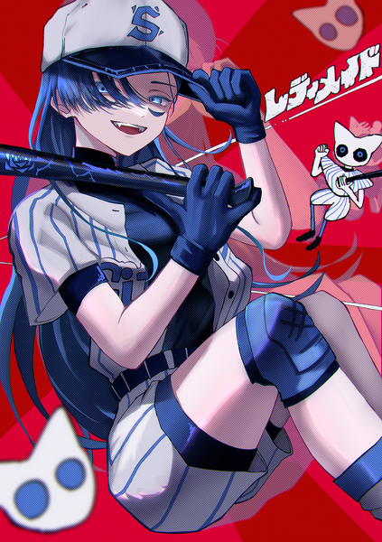 Anime picture 3000x4255 with cloud nine inc readymade (ado) ado (utaite) merry (ado) takayou single long hair tall image looking at viewer highres open mouth blue eyes blue hair :d red background adjusting hat girl gloves uniform hat