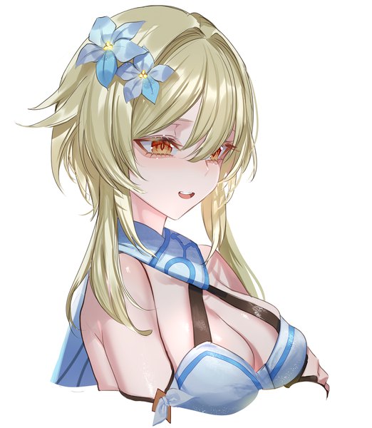 Anime picture 2000x2300 with genshin impact lumine (genshin impact) pottsness single tall image fringe highres short hair breasts open mouth light erotic simple background blonde hair smile hair between eyes large breasts white background brown eyes looking away cleavage
