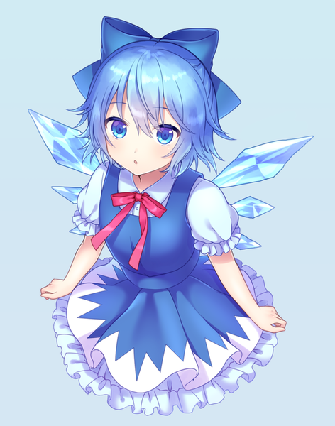Anime picture 1000x1270 with touhou cirno yamayu single tall image looking at viewer blush fringe short hair blue eyes simple background hair between eyes blue hair :o short sleeves puffy sleeves blue background girl dress bow