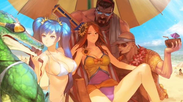 Anime picture 1920x1080 with league of legends sona buvelle nidalee (league of legends) leona (league of legends) ezreal (league of legends) lee sin (league of legends) renekton (league of legends) taric (league of legends) pool party leona instant-ip long hair highres breasts blue eyes light erotic black hair wide image twintails multiple girls brown eyes