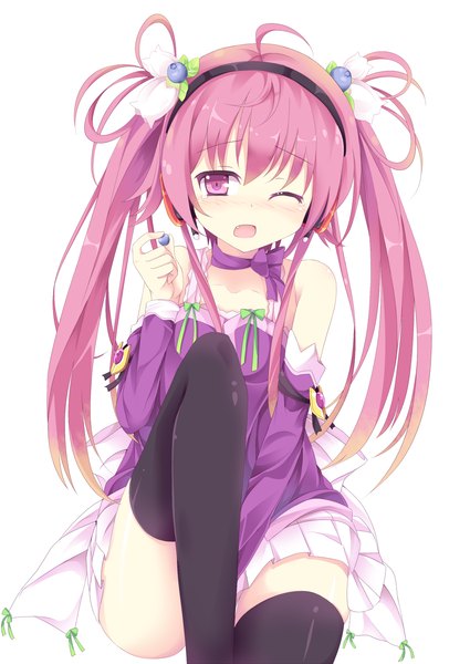 Anime picture 1000x1412 with original nibiiro shizuka long hair tall image blush open mouth purple eyes twintails purple hair ahoge one eye closed wink teeth fang (fangs) girl thighhighs skirt black thighhighs miniskirt hairband