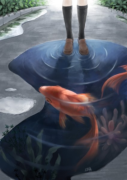 Anime picture 2480x3507 with original cea single tall image highres standing signed no face girl plant (plants) water socks black socks knee socks fish (fishes) goldfish puddle