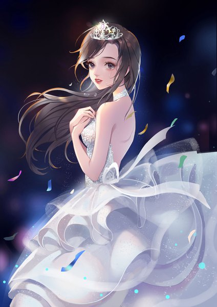 Anime picture 1800x2546 with original hao chi tu single long hair tall image looking at viewer highres black hair simple background standing bare shoulders payot parted lips wind black eyes sleeveless lipstick tears turning head hand on chest