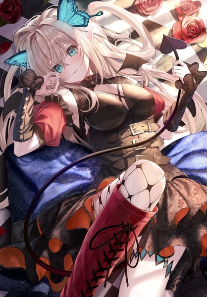 Anime picture 1497x2149 with original shakkiyi single long hair tall image blush fringe breasts blonde hair hair between eyes holding bent knee (knees) tail lying aqua eyes from above pointy ears sunlight on back demon tail