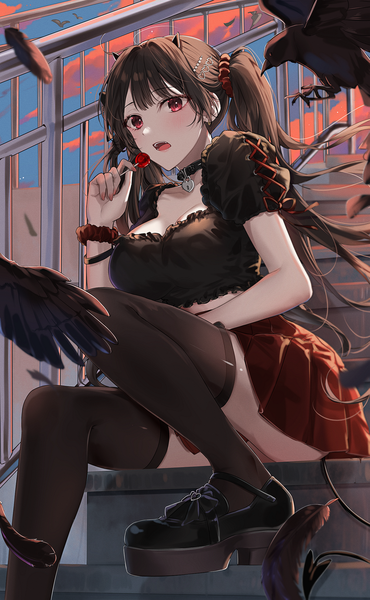 Anime picture 1333x2163 with original gok (gok 99) single long hair tall image looking at viewer blush fringe open mouth light erotic black hair red eyes sitting holding sky cloud (clouds) bent knee (knees) outdoors blunt bangs pleated skirt