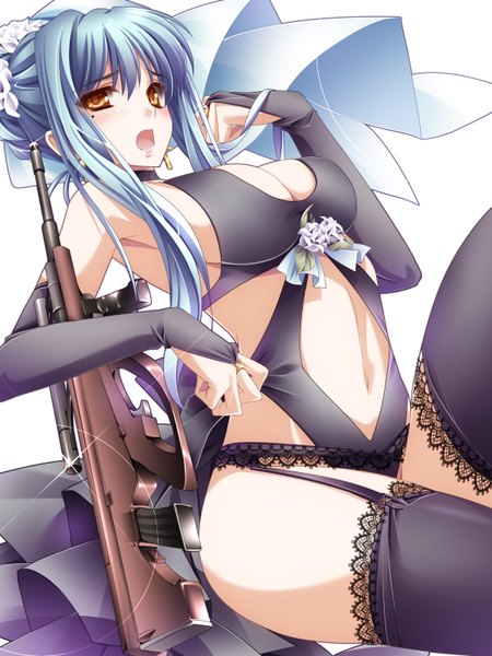 Anime picture 1200x1600 with original moneti (daifuku) single long hair tall image looking at viewer blush breasts open mouth light erotic simple background white background yellow eyes blue hair girl thighhighs navel weapon black thighhighs gun