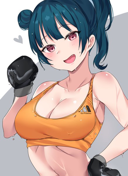 Anime picture 1400x1920 with love live! sunshine!! sunrise (studio) love live! adidas tsushima yoshiko tem10 single long hair tall image looking at viewer blush fringe breasts open mouth light erotic simple background red eyes large breasts blue hair cleavage