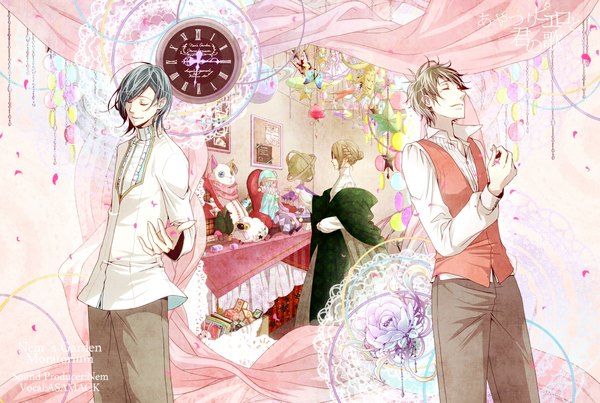 Anime picture 1191x800 with nico nico singer jack (nico nico singer) asamaru (nico nico singer) haruma short hair brown hair standing eyes closed profile grey hair multiple boys girl dress boy shirt petals insect butterfly cape 2 boys