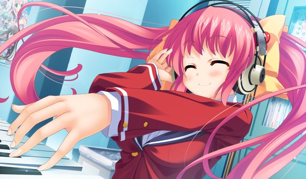 Anime picture 1024x600 with houkago eroge bu! harusaki hinako long hair blush smile wide image twintails pink hair game cg eyes closed girl uniform bow hair bow school uniform headphones