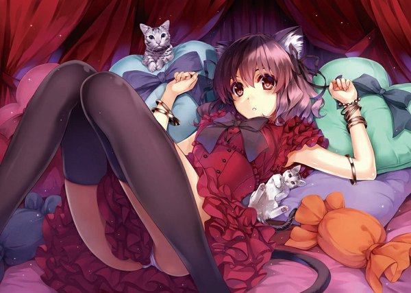 Anime picture 1193x850 with original misaki kurehito single looking at viewer blush short hair open mouth light erotic red eyes animal ears pink hair ass tail animal tail cat ears cat girl cat tail jpeg artifacts girl thighhighs
