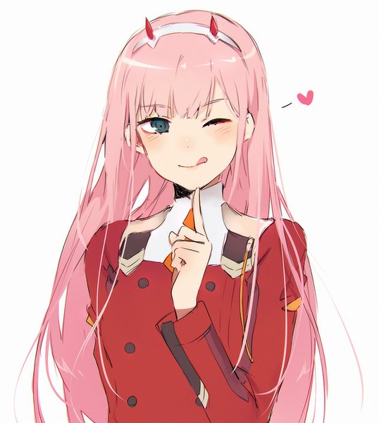 Anime picture 1264x1410 with darling in the franxx studio trigger zero two (darling in the franxx) ruuto-kun single long hair tall image blush simple background white background pink hair upper body one eye closed horn (horns) wink grey eyes :q military girl uniform