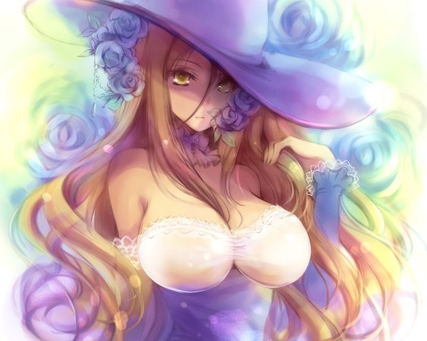 Anime picture 1280x1024 with dragon's crown vanillaware sorceress (dragon's crown) long hair looking at viewer breasts light erotic blonde hair large breasts white background yellow eyes cleavage witch girl flower (flowers) hat detached sleeves rose (roses) witch hat