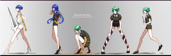 Anime picture 2500x826 with houseki no kuni phosphophyllite phosphophyllite (ll) pirika (rm0315) long hair highres short hair simple background wide image blue hair looking away full body profile green hair high heels leaning leaning forward puffy sleeves character names hand on hip