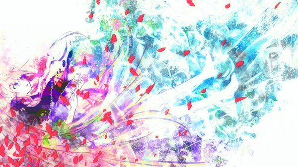 Anime picture 1600x900 with vocaloid ia (vocaloid) meola single open mouth blue eyes wide image pink hair very long hair wallpaper tears falling multicolored girl petals
