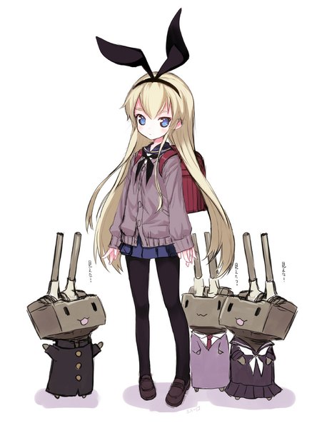 Anime picture 740x1000 with kantai collection shimakaze destroyer rensouhou-chan kiira single long hair tall image looking at viewer blush blue eyes blonde hair simple background white background alternate costume :3 girl skirt uniform school uniform miniskirt