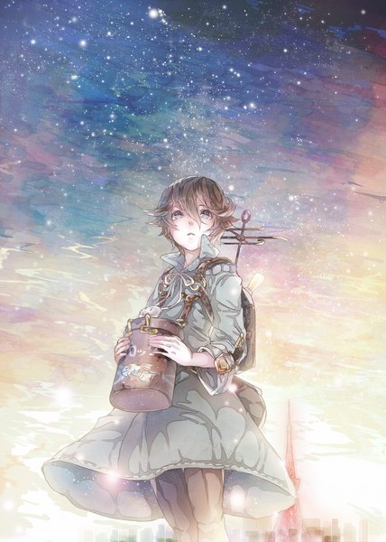 Anime picture 1634x2291 with fragile seto (fragile) mizutamari tori single tall image short hair brown hair holding sky grey eyes looking up girl dress ribbon (ribbons) star (stars) fish (fishes) backpack box tower eiffel tower