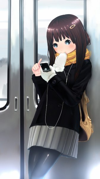 Anime-Bild 1440x2560 mit original tororoto single long hair tall image blush blue eyes brown hair girl skirt jacket headphones bag mittens iphone