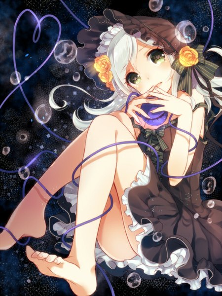 Anime picture 600x800 with touhou komeiji koishi nunucco single tall image looking at viewer short hair light erotic sitting bare shoulders green eyes silver hair barefoot alternate costume symbol-shaped pupils girl dress hat black dress bubble (bubbles)